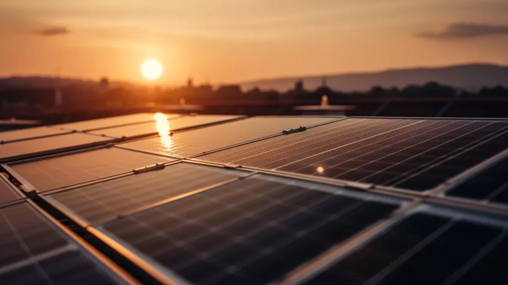 Painéis solares instalados sobre telhado captando luz do pôr do sol para geração de energia limpa.