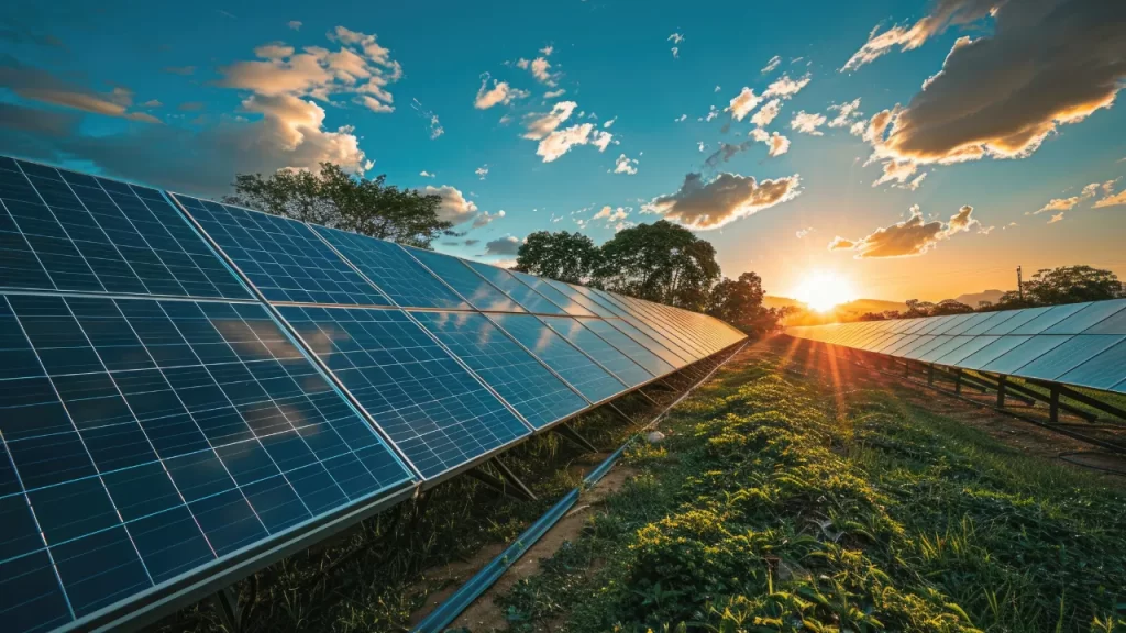 Usina de energia solar com fileiras de painéis fotovoltaicos instalados em área aberta durante o pôr do sol.