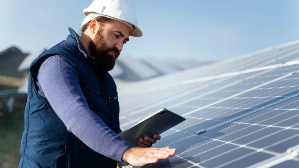 Profissional avaliando placas de energia solar em telhado utilizando tablet para monitoramento do sistema.